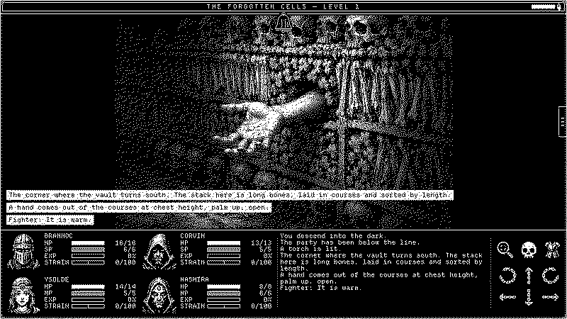 The Forgotten Cells: a hand reaches out of a wall of stacked bones at chest height, palm up.