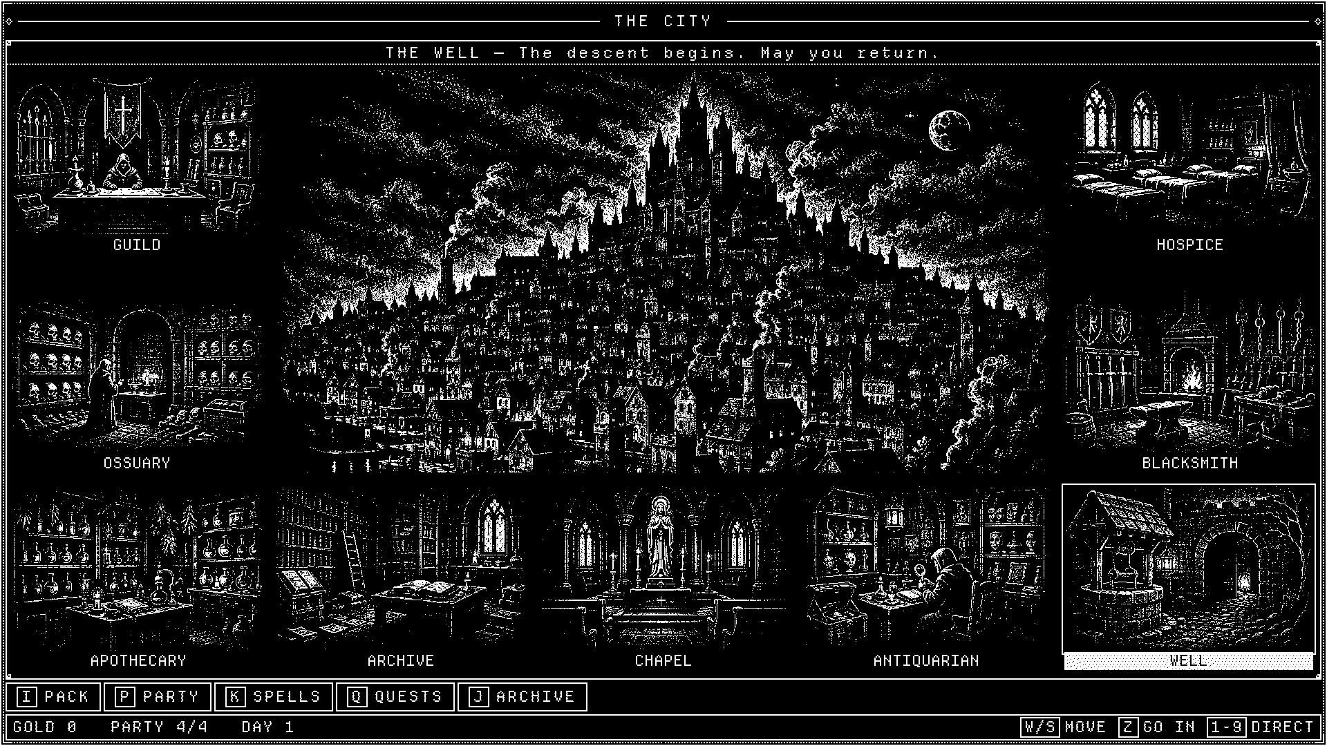 The city hub above the well, ringed by the guild, hospice, ossuary, blacksmith and other locations.