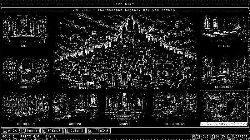 The city hub above the well, ringed by the guild, hospice, ossuary, blacksmith and other locations.