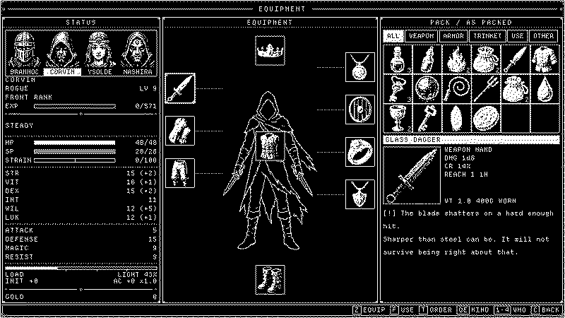 The equipment and inventory screen for Corvin, a rogue, showing worn gear, pack contents and a glass dagger.