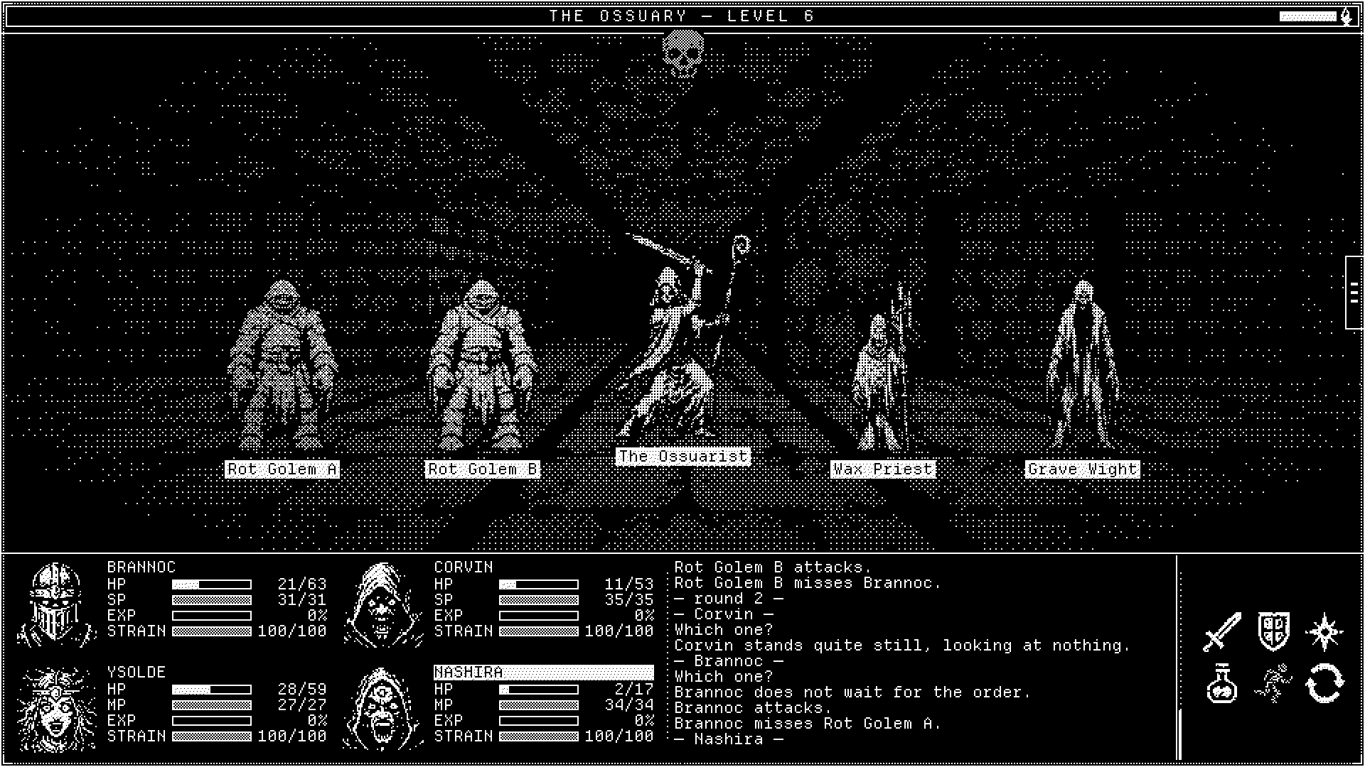 A turn-based fight in the Ossuary: the party faces rot golems, a wax priest and a grave wight.