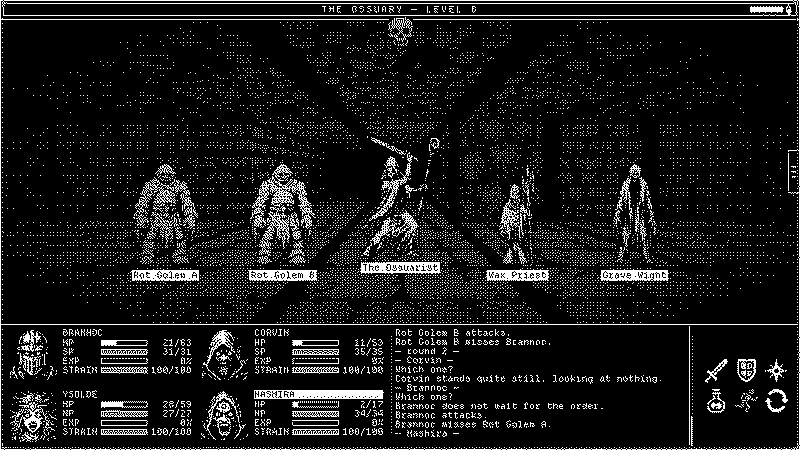A turn-based fight in the Ossuary: the party faces rot golems, a wax priest and a grave wight.